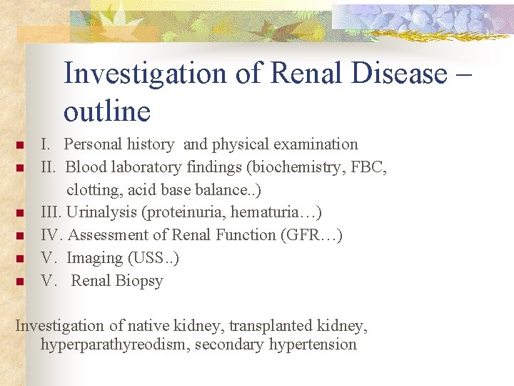 Investigation of Renal Disease – outline n n n I. Personal history and physical