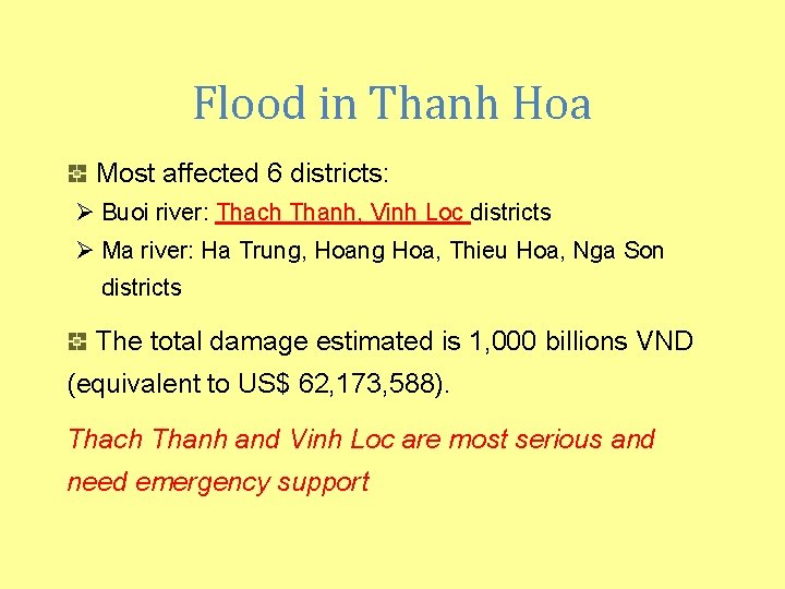 Flood in Thanh Hoa Most affected 6 districts: Ø Buoi river: Thach Thanh, Vinh