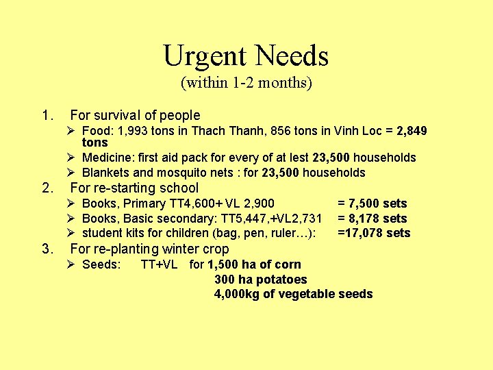 Urgent Needs (within 1 -2 months) 1. For survival of people Ø Food: 1,