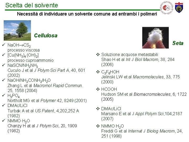 Scelta del solvente Necessità di individuare un solvente comune ad entrambi i polimeri Cellulosa