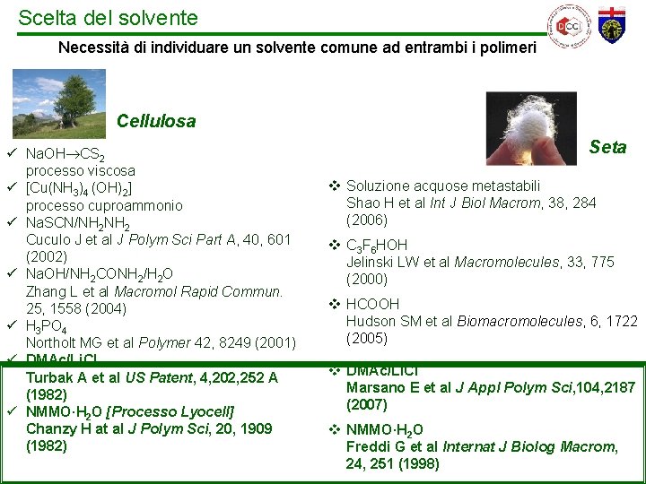 Scelta del solvente Necessità di individuare un solvente comune ad entrambi i polimeri Cellulosa