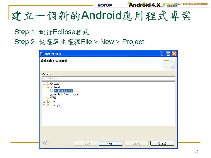建立一個新的Android應用程式專案 Step 1. 執行Eclipse程式 Step 2. 從選單中選擇File > New > Project 35 