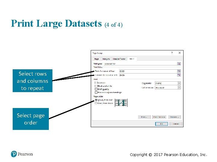 Print Large Datasets (4 of 4) Select rows and columns to repeat Select page