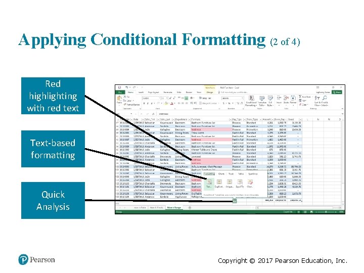 Applying Conditional Formatting (2 of 4) Red highlighting with red text Text-based formatting Quick