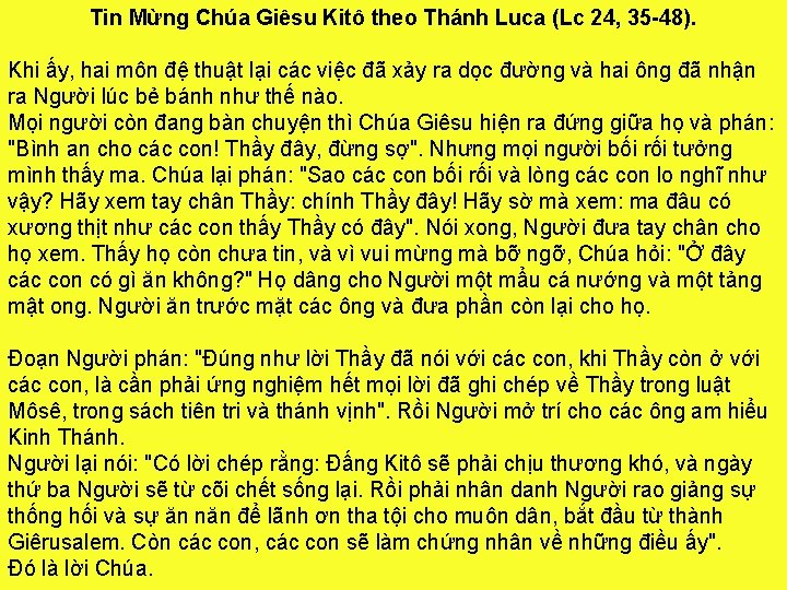 Tin Mừng Chúa Giêsu Kitô theo Thánh Luca (Lc 24, 35 -48). Khi ấy,