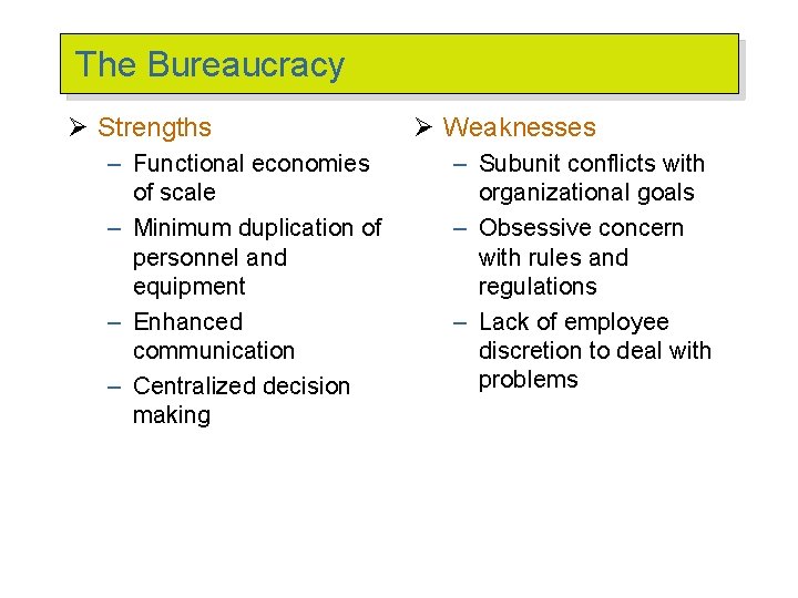 The Bureaucracy Ø Strengths – Functional economies of scale – Minimum duplication of personnel