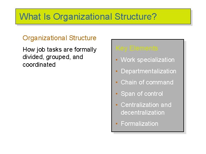 What Is Organizational Structure? Organizational Structure How job tasks are formally divided, grouped, and