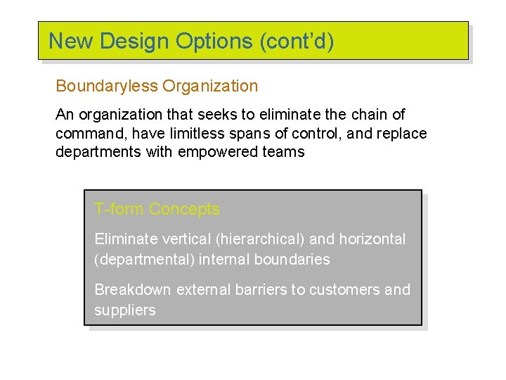 New Design Options (cont’d) Boundaryless Organization An organization that seeks to eliminate the chain