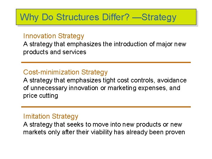 Why Do Structures Differ? —Strategy Innovation Strategy A strategy that emphasizes the introduction of