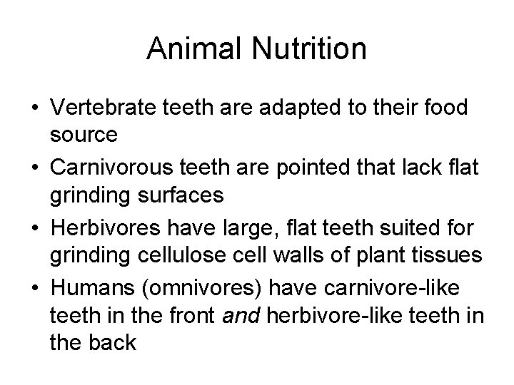 Animal Nutrition • Vertebrate teeth are adapted to their food source • Carnivorous teeth