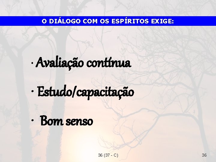 O DIÁLOGO COM OS ESPÍRITOS EXIGE: • Avaliação contínua • Estudo/capacitação • Bom senso