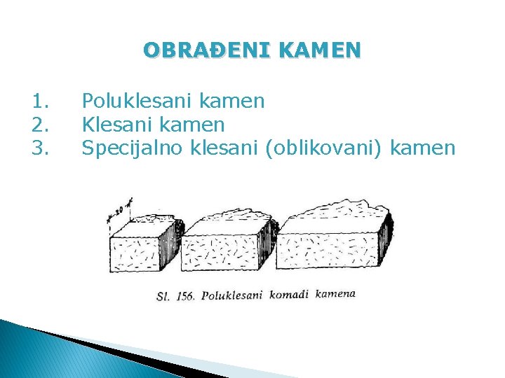 OBRAĐENI KAMEN 1. 2. 3. Poluklesani kamen Klesani kamen Specijalno klesani (oblikovani) kamen 