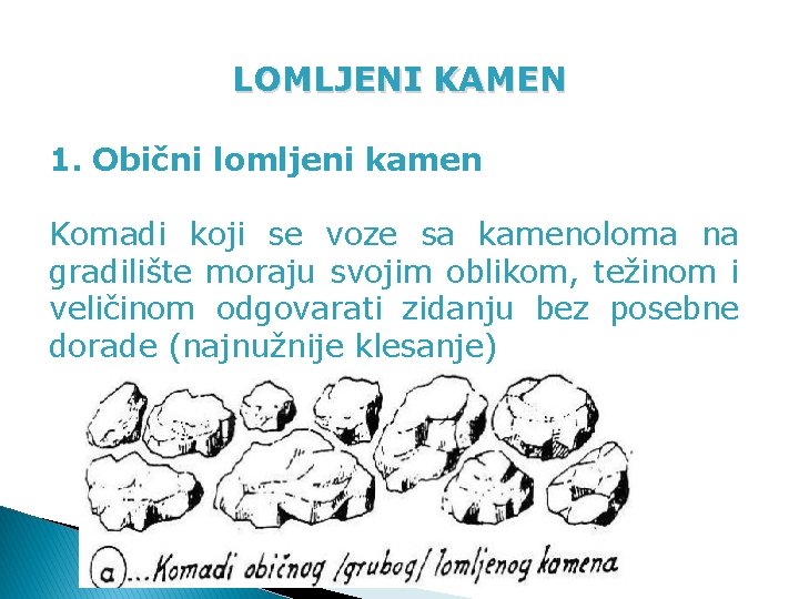 LOMLJENI KAMEN 1. Obični lomljeni kamen Komadi koji se voze sa kamenoloma na gradilište