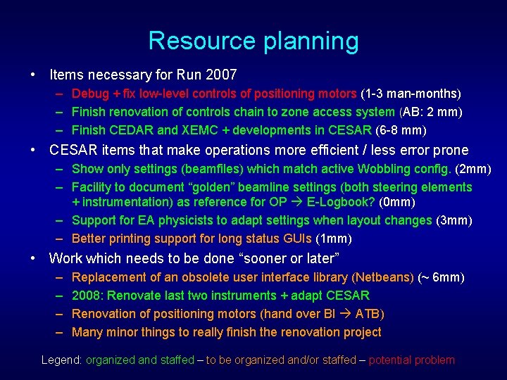 Resource planning • Items necessary for Run 2007 – Debug + fix low-level controls