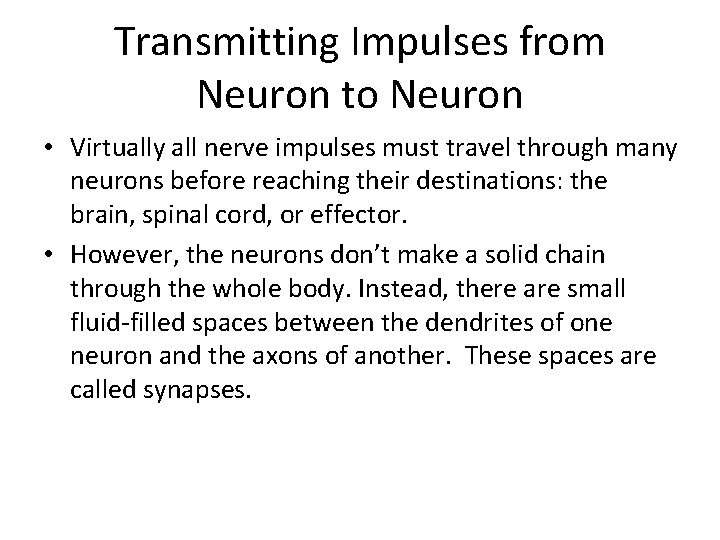 Transmitting Impulses from Neuron to Neuron • Virtually all nerve impulses must travel through Transmitting Impulses from Neuron to Neuron • Virtually all nerve impulses must travel through
