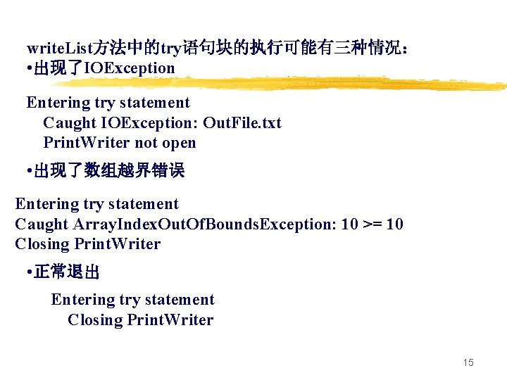 write. List方法中的try语句块的执行可能有三种情况： • 出现了IOException Entering try statement Caught IOException: Out. File. txt Print. Writer