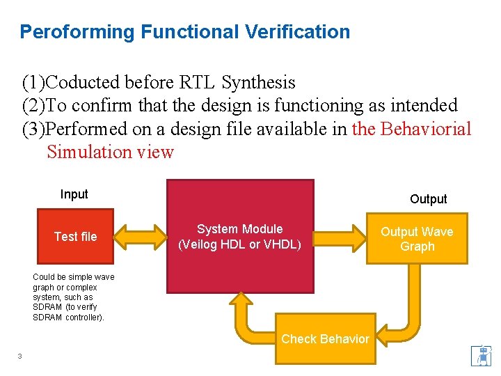 Peroforming Functional Verification (1)Coducted before RTL Synthesis (2)To confirm that the design is functioning