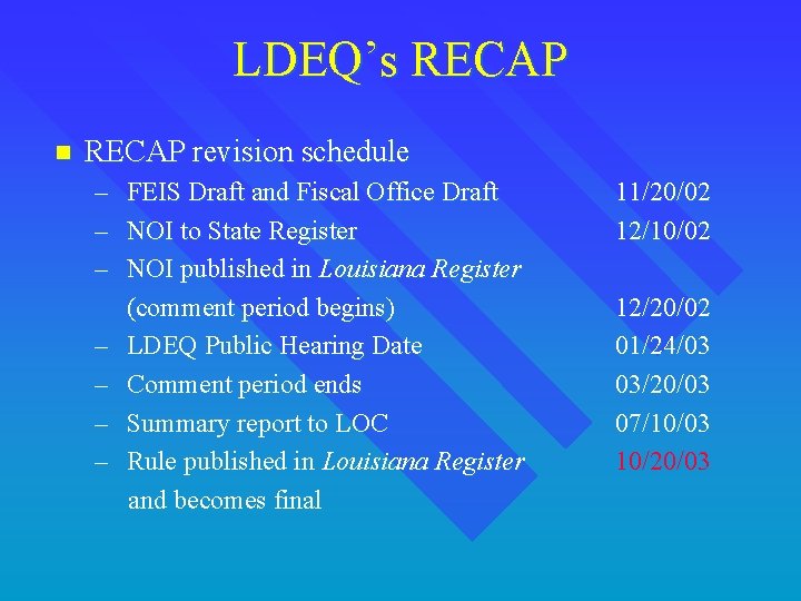 LDEQ’s RECAP n RECAP revision schedule – FEIS Draft and Fiscal Office Draft –