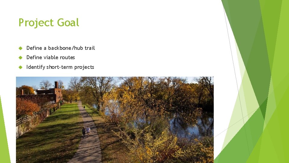 Project Goal Define a backbone/hub trail Define viable routes Identify short-term projects 
