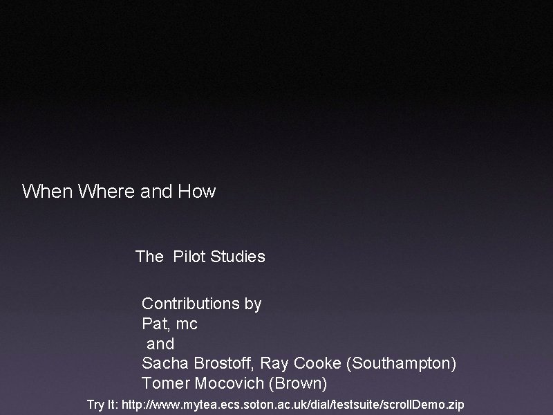 When Where and How The Pilot Studies Contributions by Pat, mc and Sacha Brostoff,