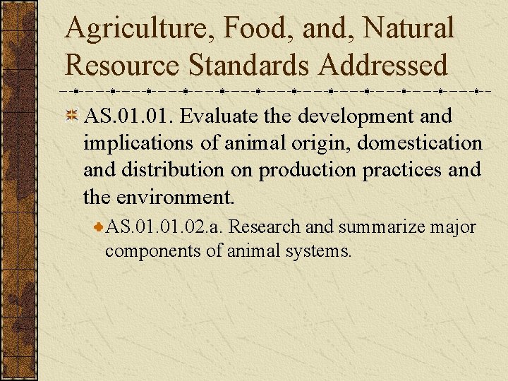 Agriculture, Food, and, Natural Resource Standards Addressed AS. 01. Evaluate the development and implications