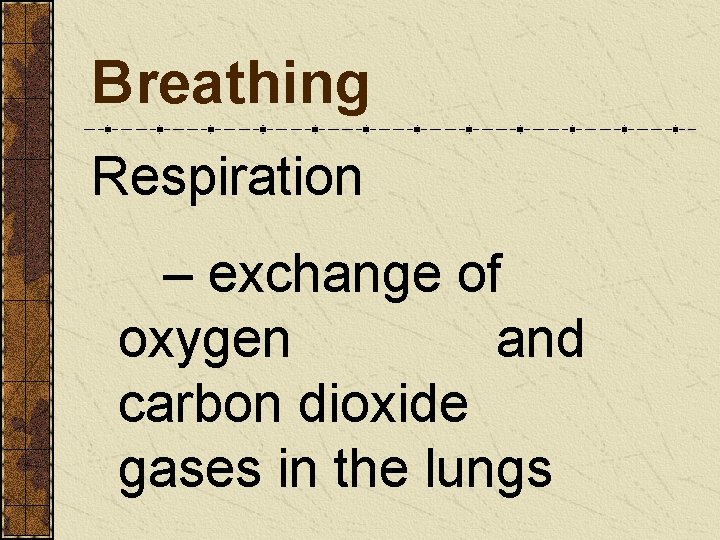 Breathing Respiration – exchange of oxygen and carbon dioxide gases in the lungs 