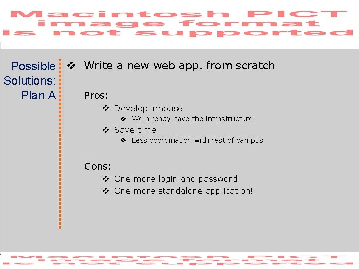 Possible v Write a new web app. from scratch Solutions: Pros: Plan A v