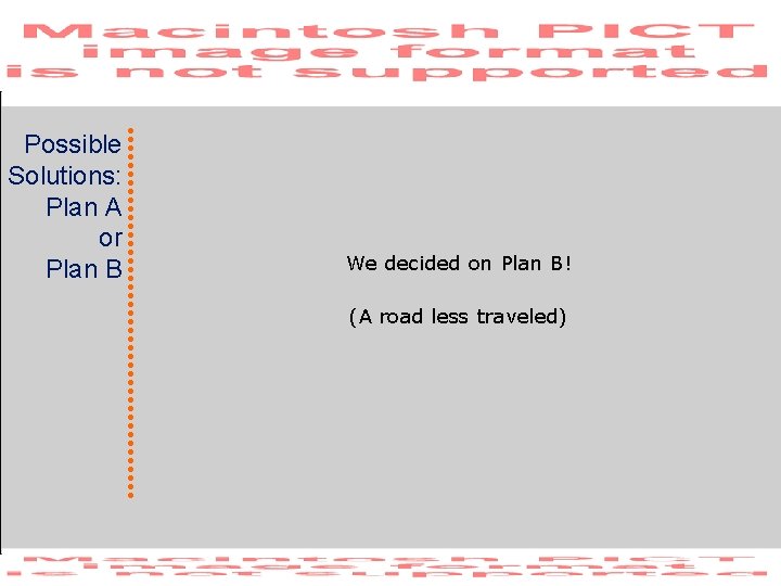 Possible Solutions: Plan A or Plan B We decided on Plan B! (A road