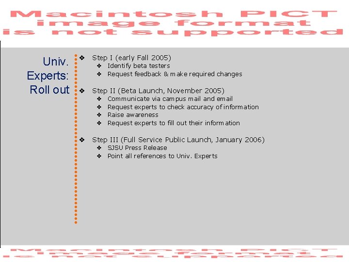 Univ. Experts: Roll out v Step I (early Fall 2005) v Identify beta testers