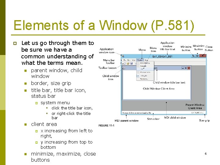 Elements of a Window (P. 581) p Let us go through them to be