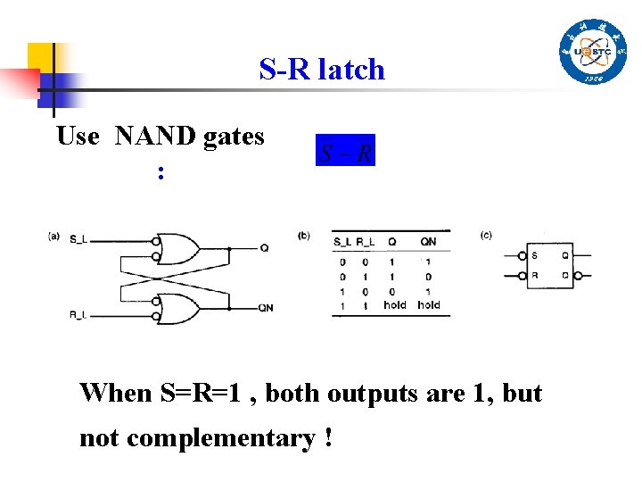 S-R latch Use NAND gates : When S=R=1 , both outputs are 1, but