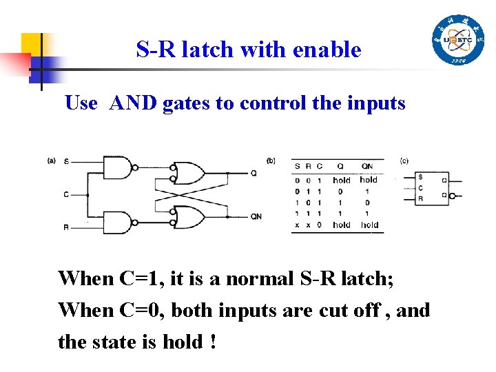 S-R latch with enable Use AND gates to control the inputs When C=1, it