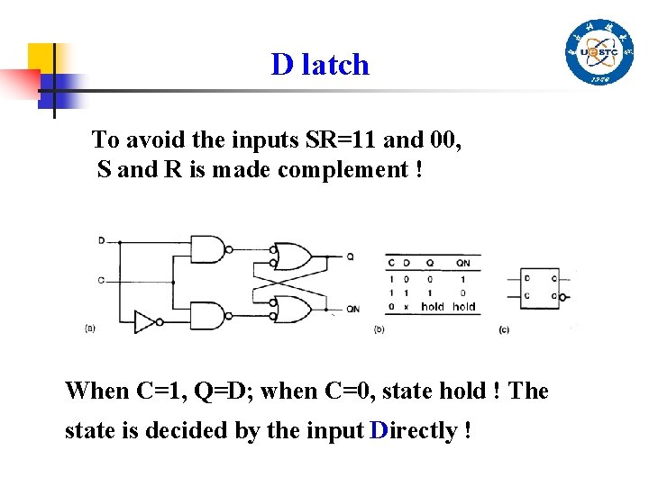 D latch To avoid the inputs SR=11 and 00, S and R is made