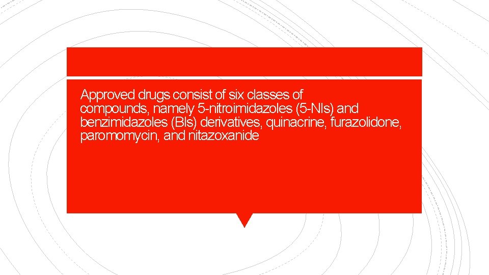 Approved drugs consist of six classes of compounds, namely 5 -nitroimidazoles (5 -NIs) and