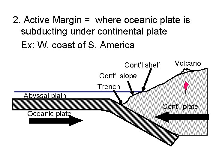 2. Active Margin = where oceanic plate is subducting under continental plate Ex: W.