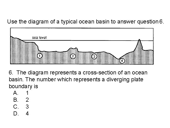 Use the diagram of a typical ocean basin to answer question 6. The diagram