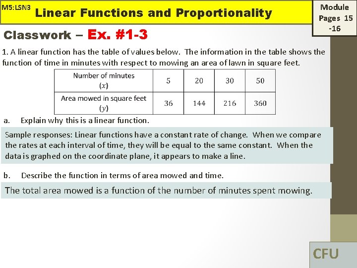 M 5: LSN 3 Linear Functions and Proportionality Classwork – Ex. #1 -3 Module