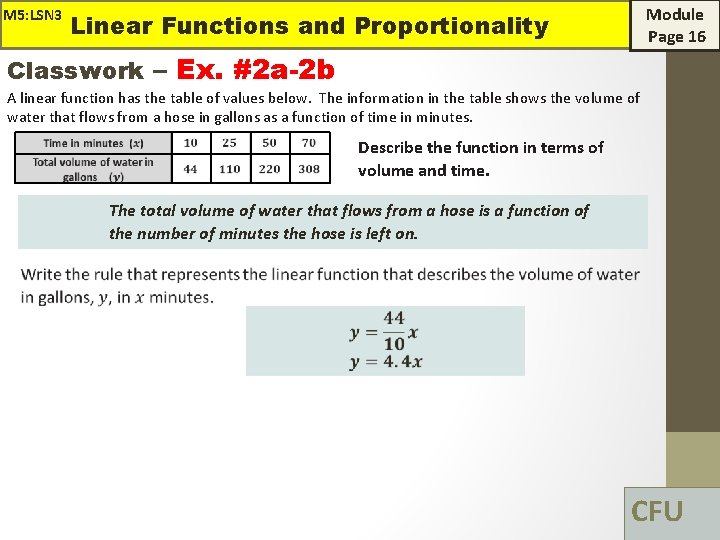 M 5: LSN 3 Module Page 16 Linear Functions and Proportionality Classwork – Ex.