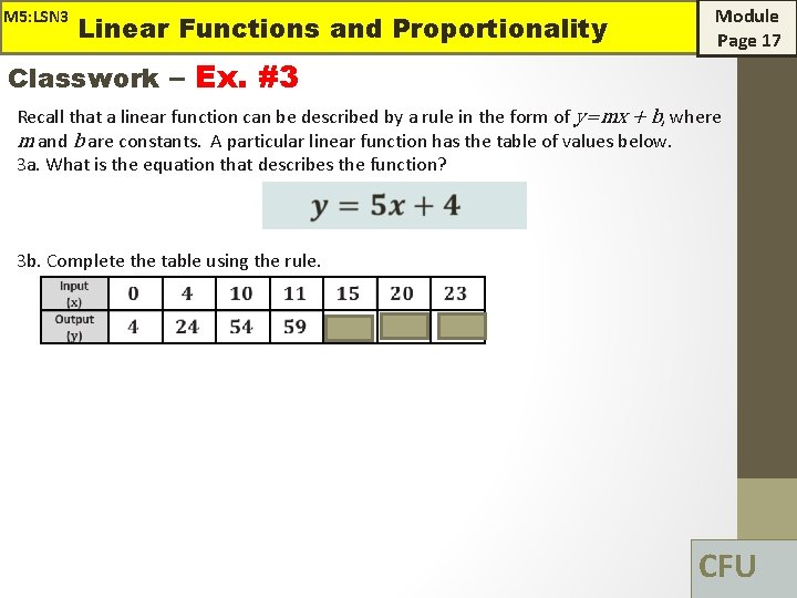 M 5: LSN 3 Linear Functions and Proportionality Module Page 17 Classwork – Ex.