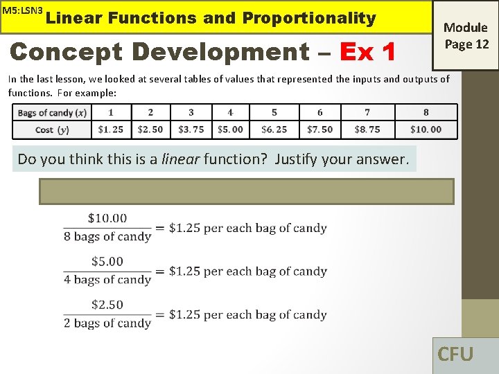 M 5: LSN 3 Linear Functions and Proportionality Concept Development – Ex 1 Module