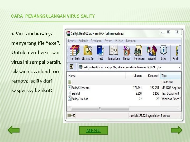 CARA PENANGGULANGAN VIRUS SALITY 1. Virus ini biasanya menyerang file “exe”. Untuk membersihkan virus