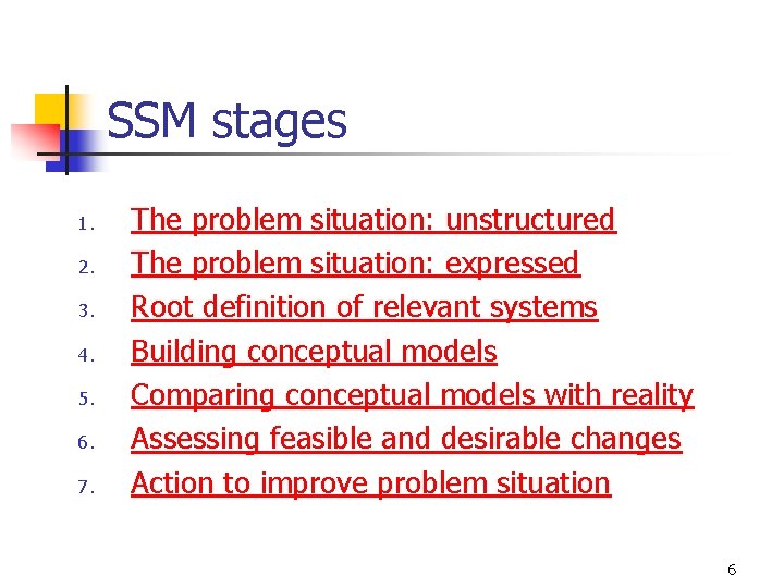 SSM stages 1. 2. 3. 4. 5. 6. 7. The problem situation: unstructured The