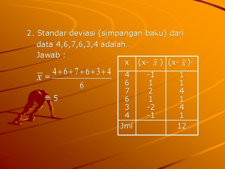 2. Standar deviasi (simpangan baku) dari data 4, 6, 7, 6, 3, 4 adalah…