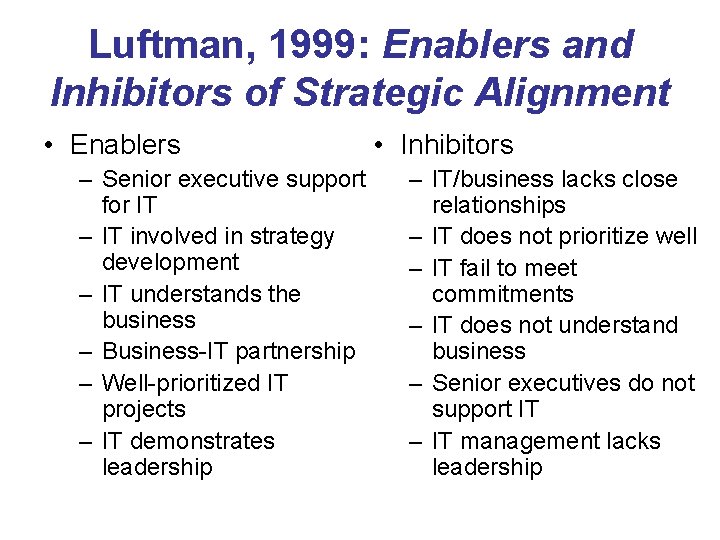 Luftman, 1999: Enablers and Inhibitors of Strategic Alignment • Enablers – Senior executive support