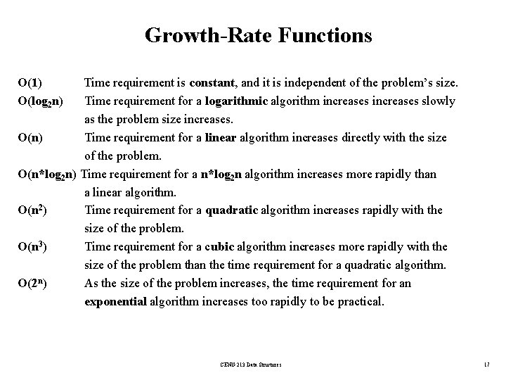 Growth-Rate Functions O(1) O(log 2 n) Time requirement is constant, and it is independent