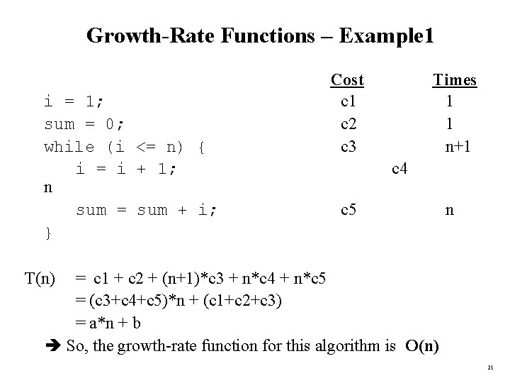 Growth-Rate Functions – Example 1 i = 1; sum = 0; while (i <=