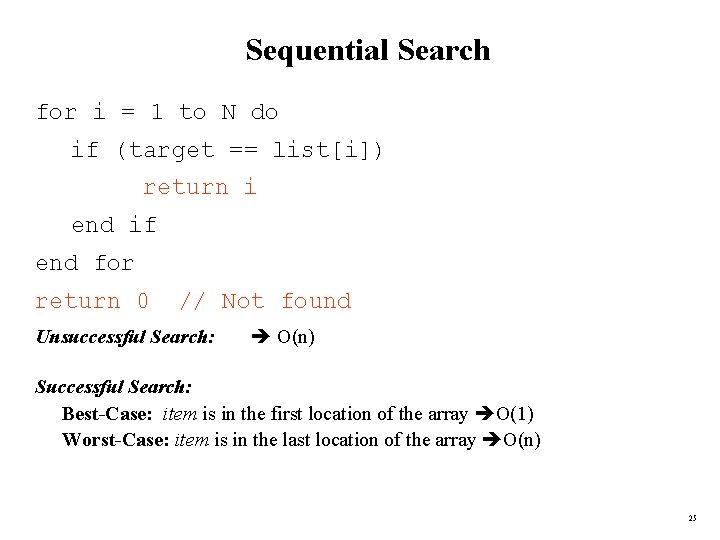 Sequential Search for i = 1 to N do if (target == list[i]) return