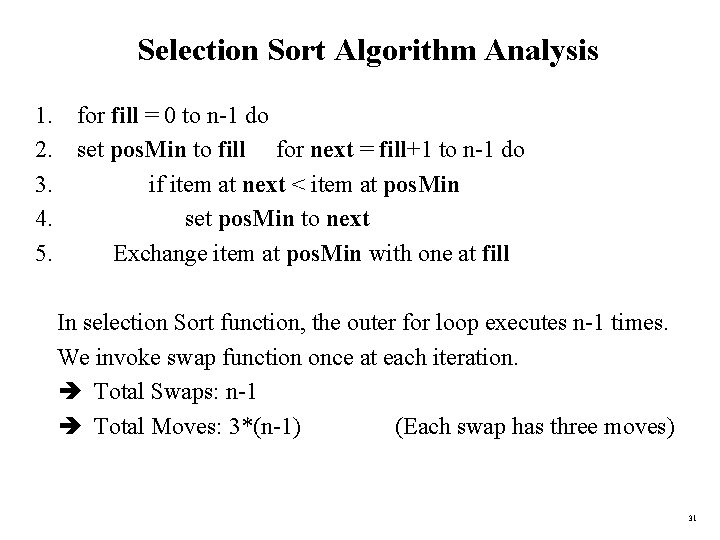 Selection Sort Algorithm Analysis 1. for fill = 0 to n-1 do 2. set