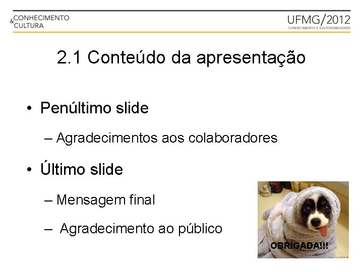 2. 1 Conteúdo da apresentação • Penúltimo slide – Agradecimentos aos colaboradores • Último