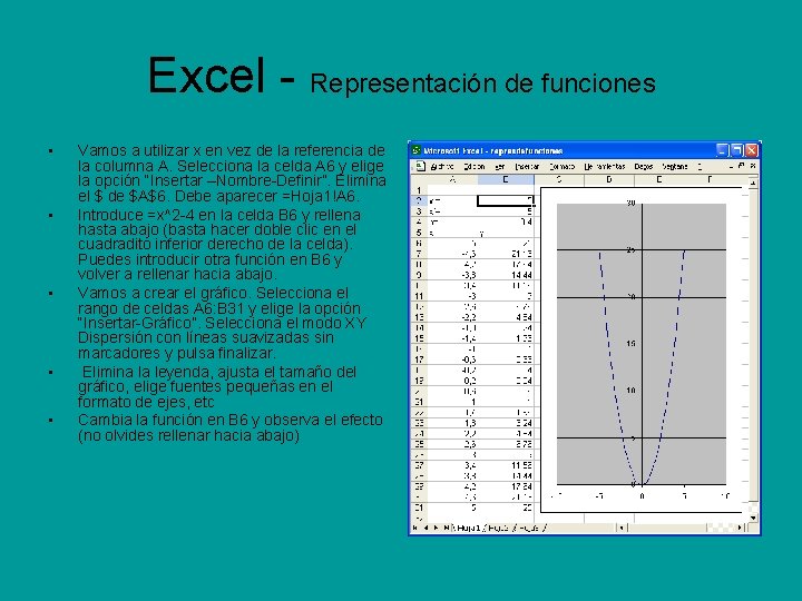 Excel - Representación de funciones • • • Vamos a utilizar x en vez